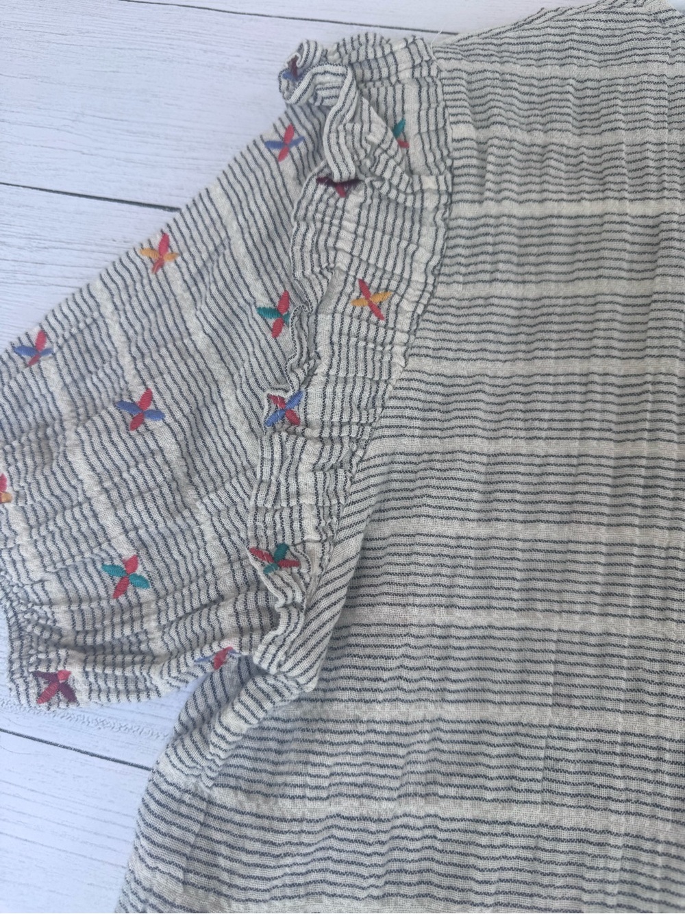 THML Size Small to Med Linen Blend Striped Embroidered Ruffle Sleeve Top Boho - Picture 9 of 11
